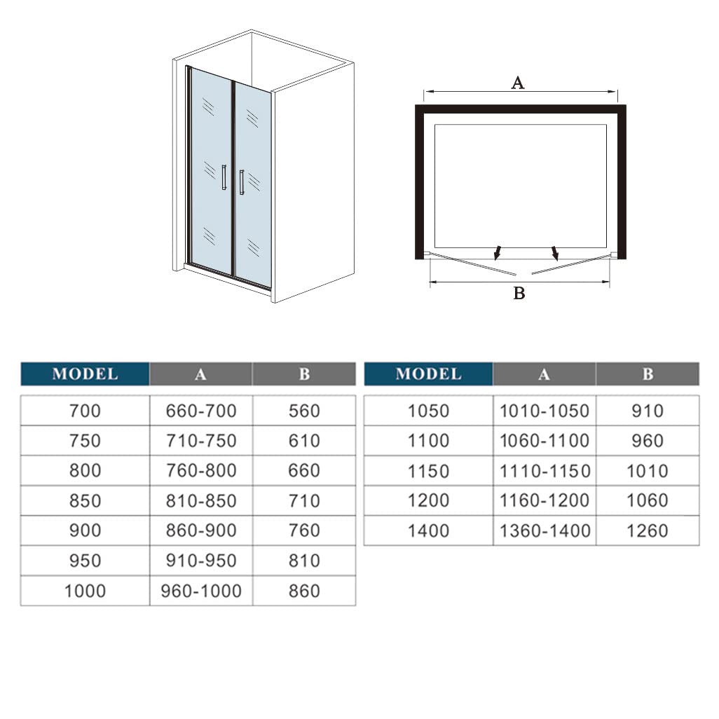 185 cm Box doccia per Nicchia Porta Battente 2 Ante Saloon Vetro Temperato 5 mm Trasparente Profilo in Alluminio Processo di Elettroforesi 70 cm
