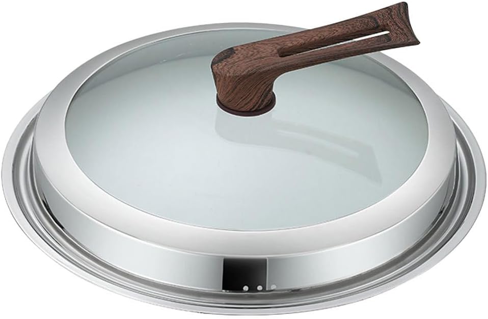 YARNOW 13.4 Inch Anti-Spill Wok Lid with Transparent Glass Cover and Stainless Steel Frame Wood Handle Pot Lid for Cooking and Food Storage Fits 34Cm Woks