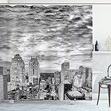 ABAKUHAUS Landschaft Duschvorhang, New Yorker Wolkenkratzer, Stoffliches Gewebe Badezimmerdekorationsset mit Haken, 175 x 180 cm, Weiß Schwarz
