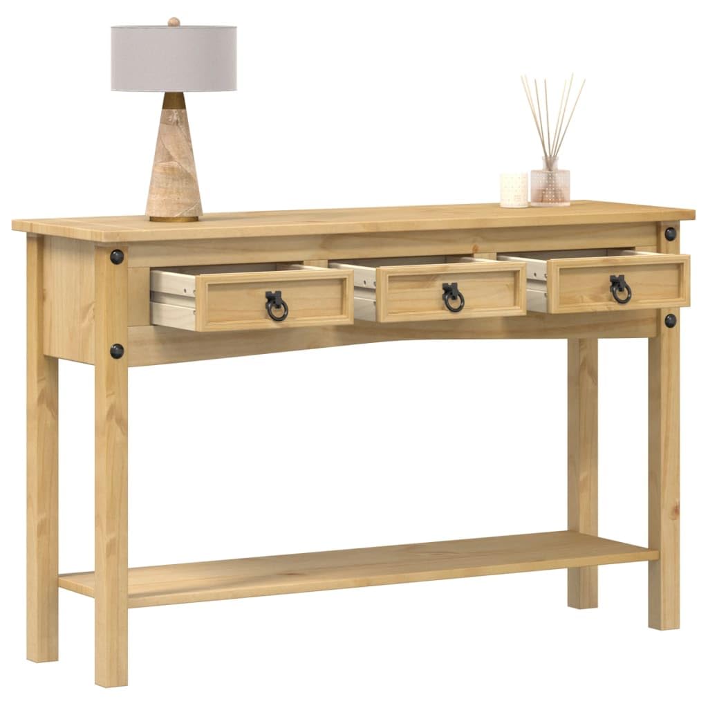 Tavolo consolle Corona in legno di pino massiccio con finitura a cera di miele, 114 x 34,5 x 73 cm, tavolino con 3 cassetti, tavolino da caffè stabile per soggiorno e camera da letto