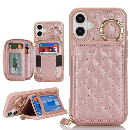 Hamany for iPhone 16 Plus Case Wallet with Card Holder for iPhone 16 Plus Phone case Wallet with Zipper with Slot Kickstand Stand Case for Women and Man 5G 6.7 Inch-Rose Gold