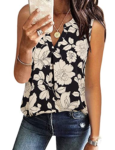 Gaharu Printed Blouses for Women Summer Sleeveless Vest Blouse Ladies Tank V Neck Cami Floral Top Tee Shirt Multi-Black,Large