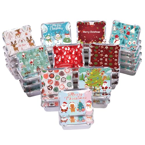 SAITI 50 PCS Christmas Cookie Tins with Lids for Gift Giving, Disposable Food Storage Pan Aluminium Foil Treat Containers for Holiday Leftovers Goodie or Cookie Exchange