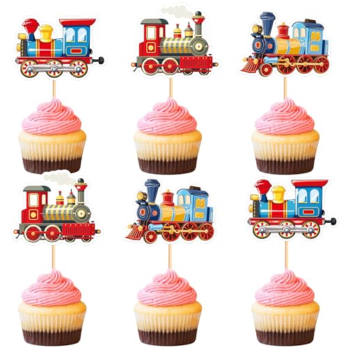 Blumomon 24 Stück Zug Cupcake Toppers Geburtstag des Jungen Cupcake Toppers Dekoration Zug Kuchen Dekorationen Train Dekoration