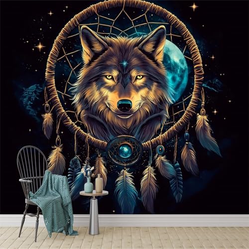 Papel pintado fotográfico impreso Attrape-rêves lobo estrellas Papel pintado fotográfico tejido no tejido 200 x 140 cm arte fotográfico pared de Amarillo oscuro negro pintado de pared imagen de pare