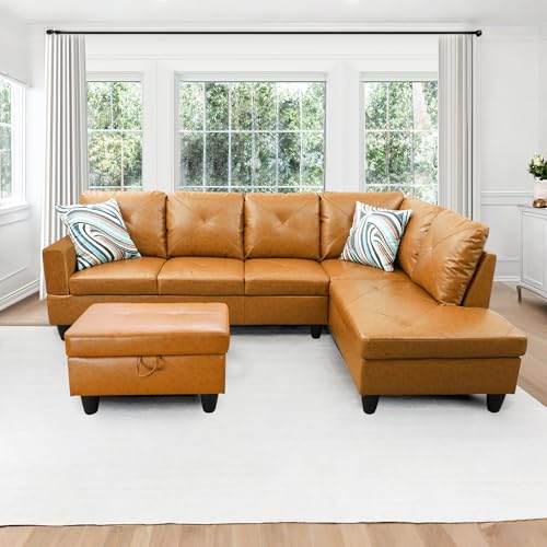 HFYee L Shaped Couch Sectional Couches for Living Room Modern Sofa Couch Faux Leather Futon Sofa Bed with Storage Ottoman, Chaise and Back Cushions for Reception Room and Apartment, Ginger
