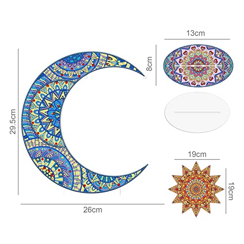 Image of AiYuanzsh Moon and Star Diamond Art Tabletop Ornament, Acrylic Double Sided Diamond Painting Desktop Kit, Mandala DIY Large Diamond Art Kits for Living Room Office Table Decor 26x29.5cm