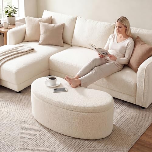 Image of Zesthouse Storage Bench for Bedroom End of Bed, 39.4 inch Small Curved Entryway Ottoman Bench, White Sherpa Fabric Bench Seat for Living Room Hall Mudroom, Modern Upholstered Coffee Table Crescent Shape