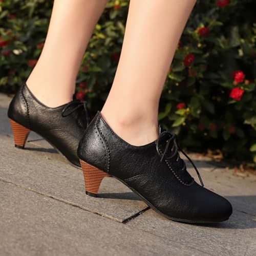 Women's Brown Classic Leather Stacked Heel Dress Mary Jane Round Toe Elegant Office Pumps3