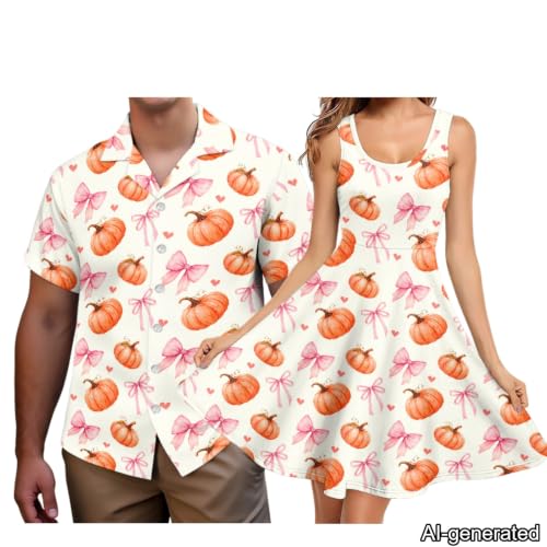 Image of Dreaweet Summer Dresses for Women A-Line Sleeveless Flowy Sun Dresses,Men's Casual Button-Down Shirts,Couple Matching Outfits
