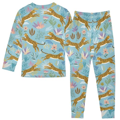 Pajama Sets Long Sleeve Leopard Floral Pattern on Blue Soft Comfy Sleepwear 2 Piece PJS 3-8T3