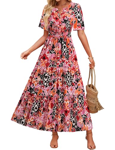 Image of ZESICA Women's 2026 Summer Spring Floral Boho Maxi Dresses Casual Short Sleeve V Neck A Line Flowy Beach Vacation Dress
