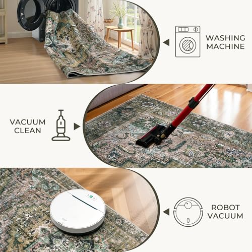 Image of AMERLIFE 8'x10' Area Rug, Machine Washable Vintage Area Rug- Soft Carpet with Non-Slip Backing for Living Room, Bedroom, Hallway- Green