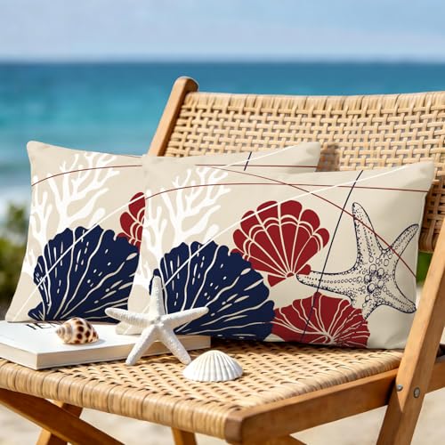 OTOSTAR Set of 2 Outdoor Throw Pillow Covers 16x24 Inch Waterproof Seashell Coral Starfish Decorative Pillow Covers Garden Decor Lumbar Cushion Cases for Bench Patio Furniture Couch Sofa Dark Blue Red by OTOSTAR - Used condition - Image 2