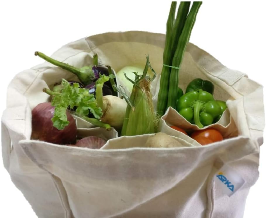 Arka Home ProductsArka 100% Cotton Canvas Shopping Bag for Vegetables and Groceries with 6 Pockets