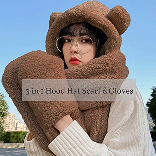 Umeepar Winter Bear Ear Sherpa Hood Hat Scarf Gloves 3 in 1 Hooded Scarf for Women Men2