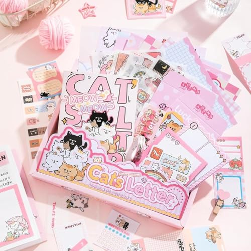Image of VOTDOT Paper Junk Journal & Scrapbook Kit, Scrapbooking Supplies Kit with Creative Decor Journaling Supplies, Stationery, Stickers, A6 Grid Notebook with Graph Ruled Page Gift for Girl (Cats Letter)