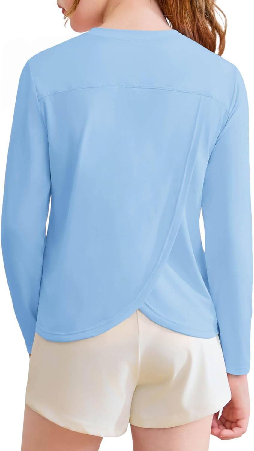 Haloumoning Girls Athletic Shirts Kids Long Sleeve Workout Tops Split Back Quick Dry T-Shirt 5-14Y