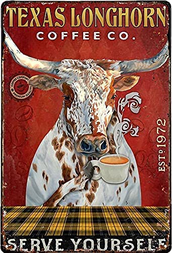 Sprüche Schilder Texas Longhorn Coffee Servieren Sie Sich Kaltes Bier Metallschild Retro Deko Blechschild Personalisierte Bade Wand Dekoration Für Geburtstag Café Garten 20X30Cm