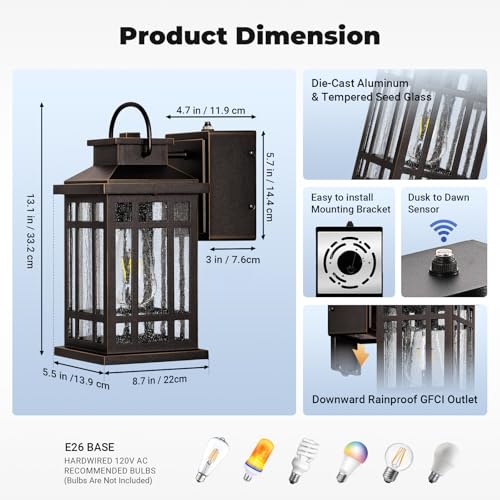 Image of Dusk to Dawn Porch Lights with GFCI Outlet, Outside Lighting Fixtures for House, Oil Rubbed Bronze Exterior Garage Light Fixtures with Gold Trim, Anti-Rust Outdoor Sconce Light for Patio, Coach