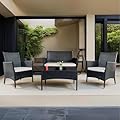 YMOOYANG 4 Piece Patio Furniture Set, Outdoor Patio Furniture Set with Soft Cushion and Glass Table Rattan Patio Chairs Conversation Sets with Sofa for Porch, Balconies, Lawns (Black and Beige)