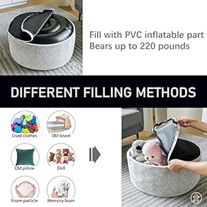 Inflatable pouf ottoman 21×10 inches stuffed chenille ottoman with inflatable pvc liner foot rest with portable handle round floor pillow for living room bedroom kids room grey  urban country home decor