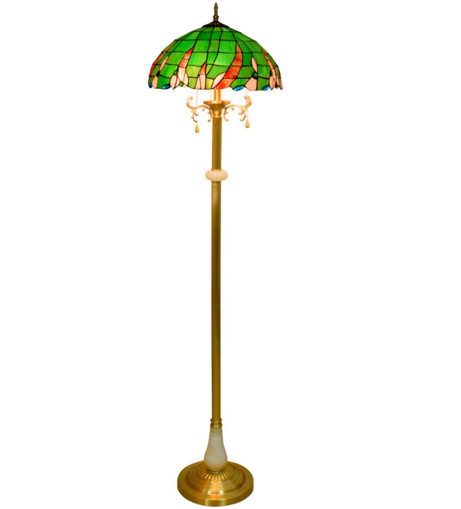 IUokLU Tiffany Style Floor Lamp Standing Light W16 H63 Inch Dragonfly Shade 3 Light Antique Copper Base for Bedroom Living Room Reading Lighting with Jade Decor,E27,40W,A (A)