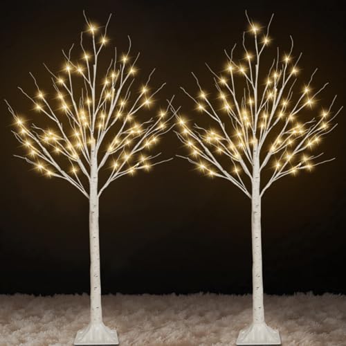 2-Pack 4FT Lighted Birch Trees (Higher Size & Floor Standing), 96 LED Twinkling Birch Christmas Tree...