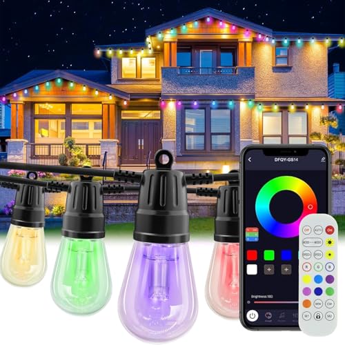 Roccar Festoon Lights Outdoor,15m String Lights with Remote & APP, S14 Dimmable LED RGB PatioLights with 20 Shatterproof Bulbs,Color Changing Waterproof Outdoor Fairy Lights for Daily,Garden,Party