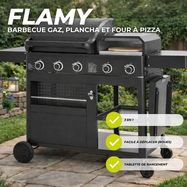 Cook'in Garden - Barbecue Gaz FLAMY, 3 en 1, Plancha + Four à Pizza + barbecue gaz 3 brûleurs, Grilles en fonte émaillée