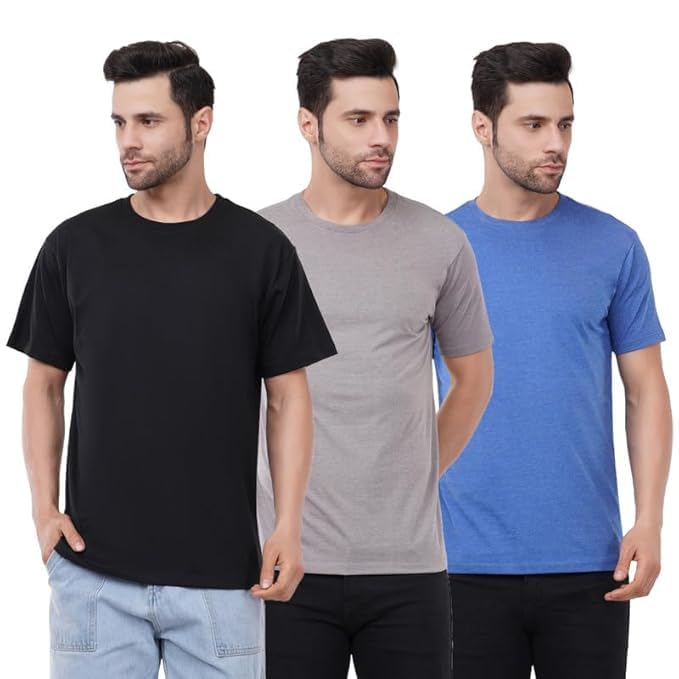 Image of Cotton Tshirt Crew Neck Mens Plain Solid Regular Fit Half Sleeve Mens T-Shirt (Combo Set of 3) Black,Grey,Sapphire Size XL