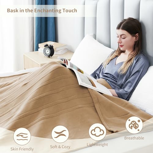 Electric Heated Blanket Full Size 72"x84", Soft Fleece with 10 Hours Auto-Off & 4 Heating Levels, Overheating Protection, Machine Washable, Light Brown
