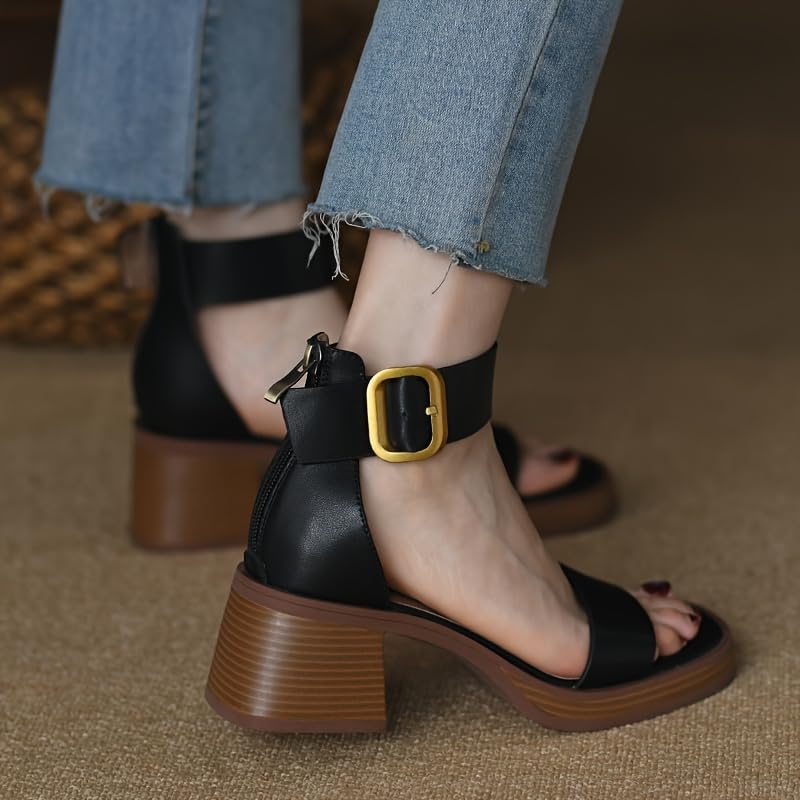 Ladies' Roman sandals - medium heel, thick sole with thick pad, adjustable buckle, suitable for summer casual and formal occasions, thick heel, wear-resistant rubber sole4