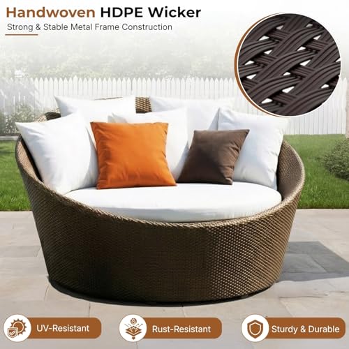 Image of DEVOKO Premium Outdoor Wicker Daybed Set with Table, UV-Resistant HDPE Rattan & Sturdy Metal Frame for Garden, Poolside, Balcony (Dark Brown & Off-White)