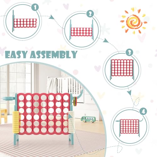 COSTWAY Giant Connect 4, 3-in-1 Family Game with Basketball Hoop, Ring Toss, 42 Jumbo Ring, 4 in A Row Game Set for Indoor Outdoor (Blue+Pink)