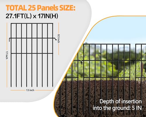 KYATE Animal Barrier Fence No Dig, 25 Panels 1.25in Gap Ground Defense Fence Border Small Metal Fencing, Dog Rabbits Blocker Under Fence for Garden, Flower Bed, Patio, Black