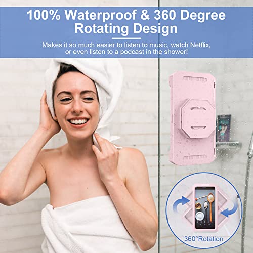 Image of URROY Shower Phone Holder Waterproof, 360 Rotation Shower Phone Case, Anti-Fog High Sensitivity Universal Cover Mount Stand for Bathroom Wall Mirror Bathtub Kitchen，Men Women Pink