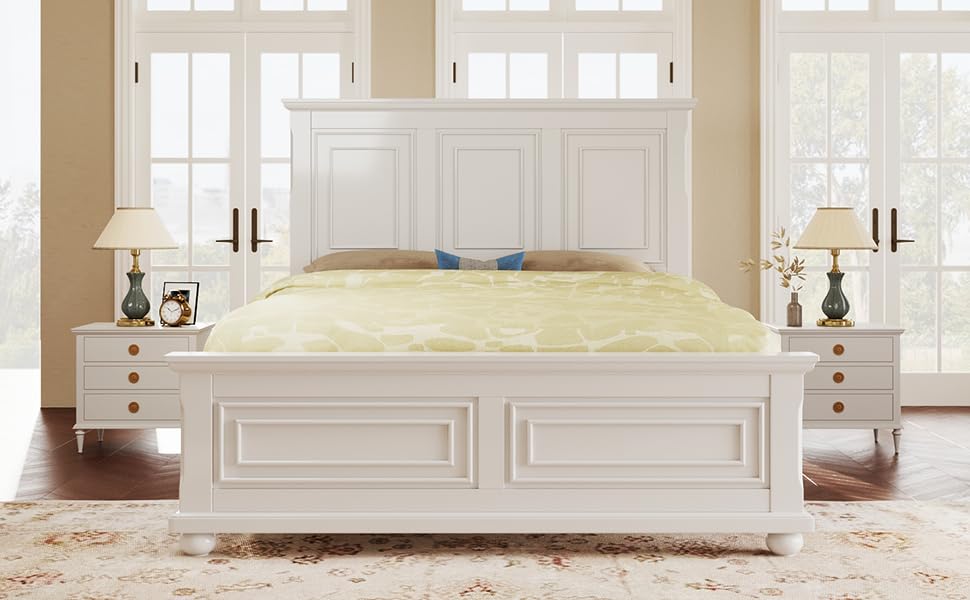 Traditional-Town-and-Country-Style-Pinewood-Panel-Bed-Sturdy-Frame-with-Decorative-Fretwork-Accents-White Traditional Town and Country Style Pinewood Panel Bed Sturdy Frame with Decorative Fretwork Accents White