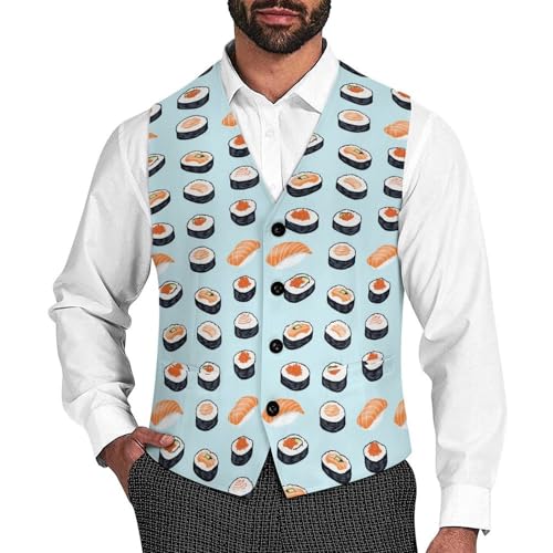 Sushi Japanese Food Suit Vest for Men Waistcoat Dressy V Neck Button Down Sleeveless Business Jacket Coat