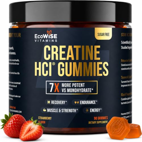 ECOWISE VITAMINS Creatine HCl Gummies with Turmeric & Black Pepper Extract, Sugar Free, Vegan Daily Creatine Gummies for Active Lifestyles, Strawberry Flavor, 90 Gummies