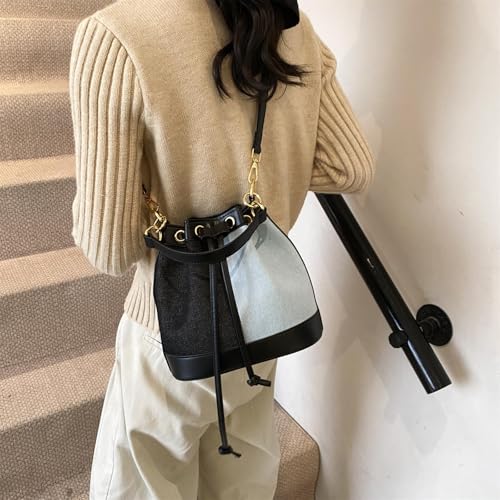 Image of Denim Bucket Bag for Women Handbag Trendy Jean Purse Drawstring Crossbody Shoulder Bag