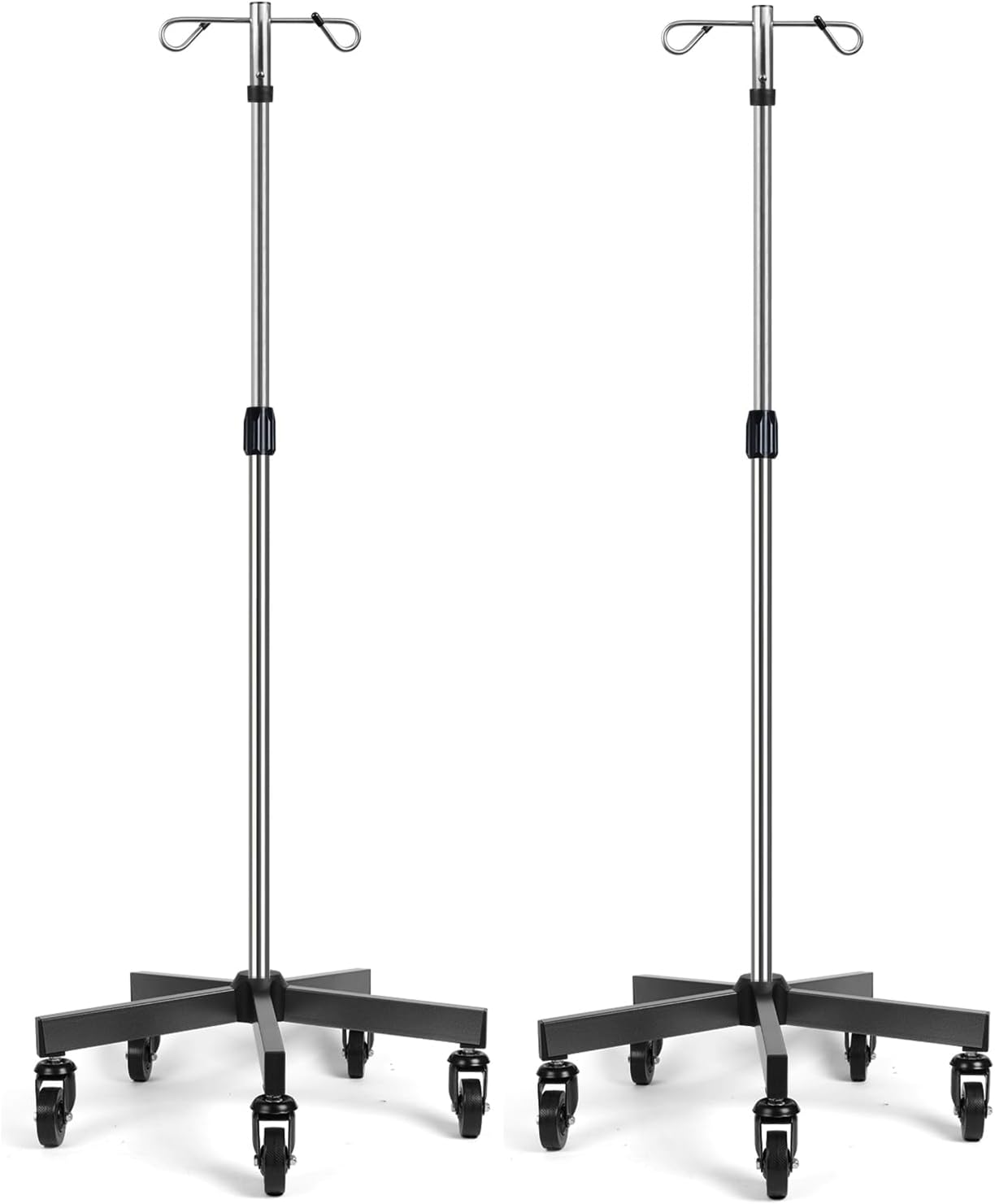 IV Poles with Wheels IV Stands 2 Hooks 5 Legs Rolling Base with Heavy Duty Stainless Steel, Adjustable Height, 2 PCS