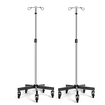 Konmee IV Poles IV Stands with Wheels Portable Rolling 2 Hook 5 Legs with Adjustable Height, Stainless Steel, 2 PCS