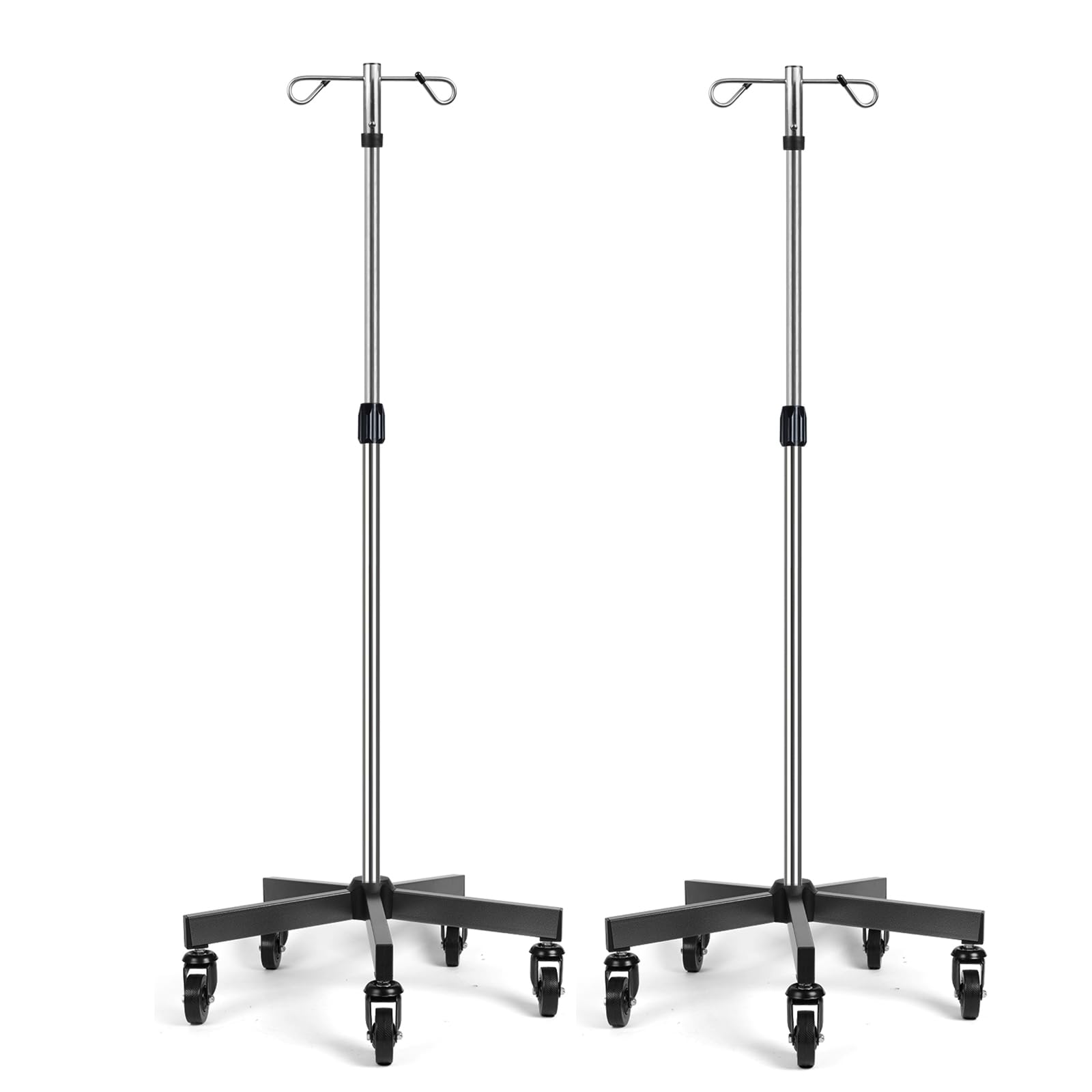 IV Poles with Wheels IV Stands 2 Hooks 5 Legs Rolling Base with Heavy Duty Stainless Steel, Adjustable Height, 2 PCS