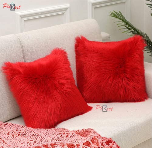 Image of Fur Cushion Pillow Cover for Set of 2 Pillow - 13x13 Inches (RED)