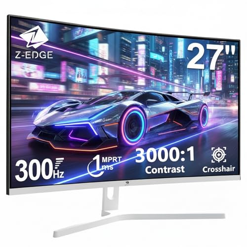 Z-Edge 27 Zoll Curved Gaming Monitor 300Hz (DP) 240Hz (HDMI) 1ms MPRT Full HD 1080P VA Panel 16:9 LED Bildschirm 250cd/m Helligkeit FreeSync HDR10 DisplayPort1.4 & HDMI2.0 VESA Kompatibel - Weiß