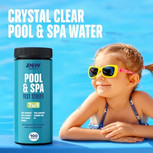 JNW 7-in-1 Pool Test Strips, 100 Quick & Accurate Test Strips for Pool Water, Spa Test Strips for Hot Tub, Chlorine Test Strips, Bromine, pH, Alkalinity, Hardness & More - Swimming Pool Test Kit