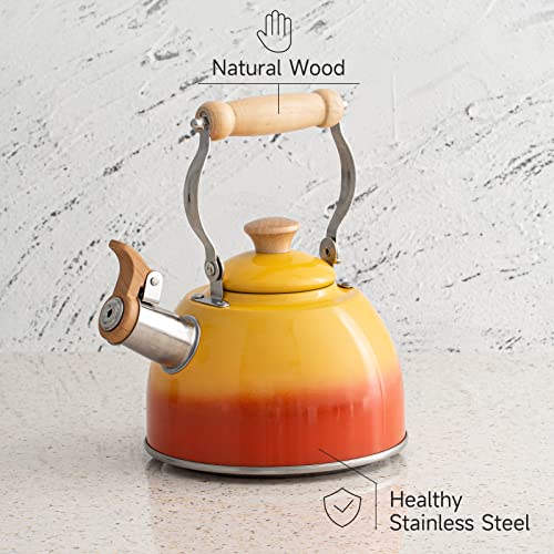 Rockurwok Whistling Tea Kettle, 1.6 Qt / 50 Oz, Gradient Orange Teapot, Universal Base For Induction | Gas | Electric | Halogen | Radiant, Wooden Handle, Vintage #TOP2