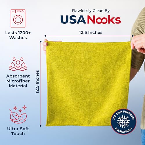 Image of USANOOKS Microfiber Cleaning Cloth Yellow - 12 Pcs 12.5 inchx12.5 inch - High Performance - 1200 Washes, Ultra Absorbent Towels Weave Grime & Liquid for Streak-Free Mirror Shine - Car Washing Cloth