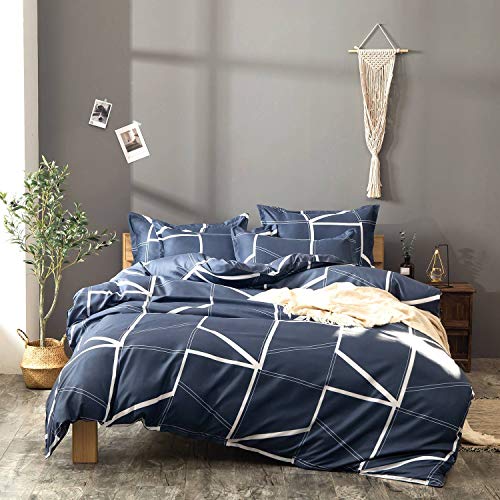 Langde Juego de Funda de Edredón Nordicas de Microfibra 200 x 200 cm + 2 x Fundas de Almohada de 50 x 70 cm para Cama 105, Juego de Ropa de Cama Patrón Geométrico - Azul Oscuro